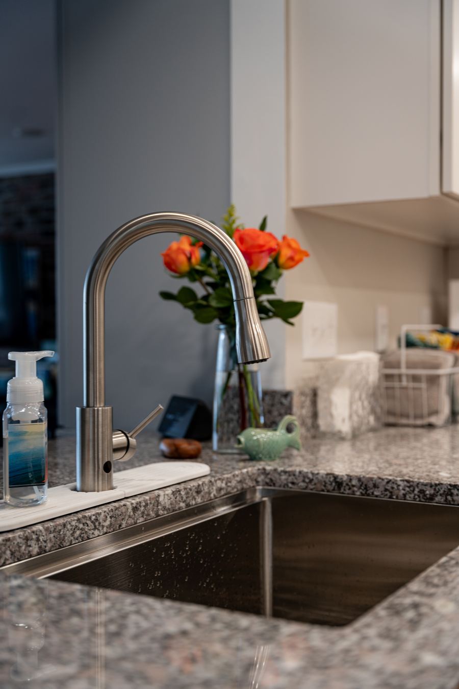 Frame: brushed-steel faucet detail on granite